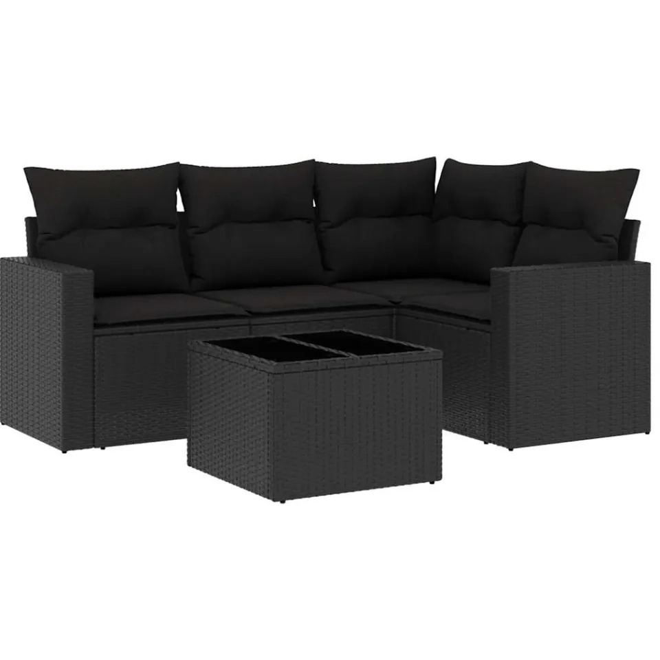 vidaXL 5-delige Loungeset met kussens poly rattan zwart, foto 3
