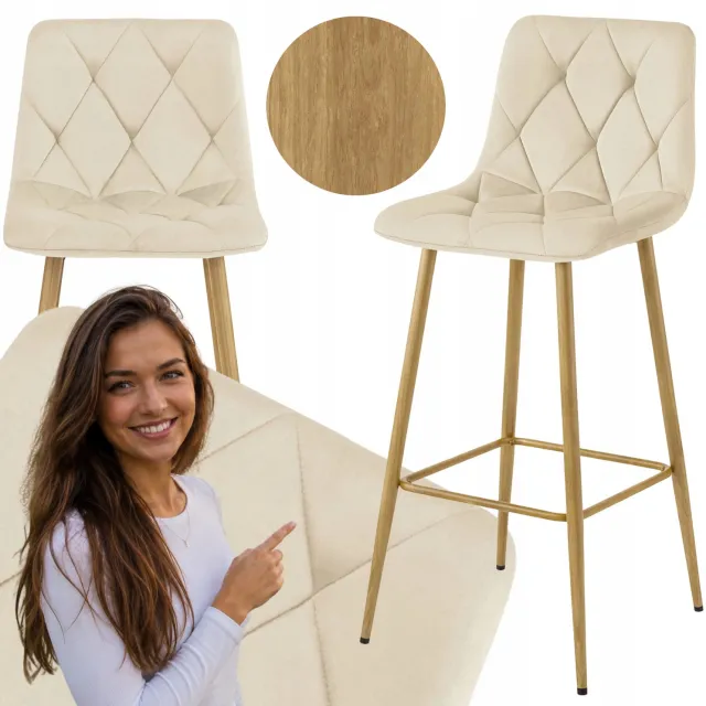 MUFART Modena Barstoel Beige Velours - Hoge Keuken Barkruk met Rugleuning