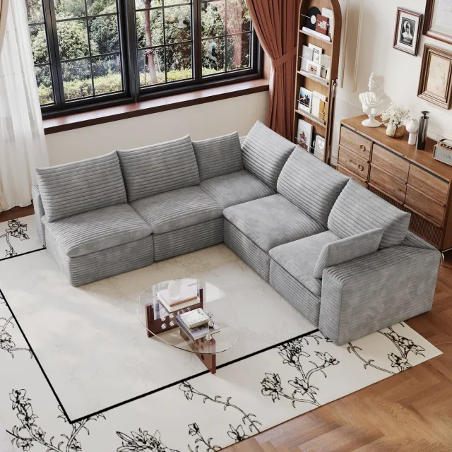 MIVRAY Modulaire Hoekbank 340 cm - Zachte Schuimvulling en Afneembare Bekleding - Voor Woonkamer en Slaapkamer - Stof Grijs