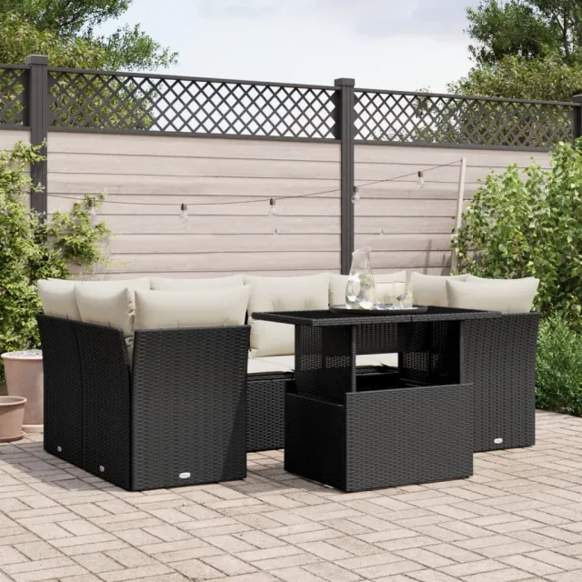 vidaXL 7-delige Loungeset met kussens poly rattan zwart, foto 2