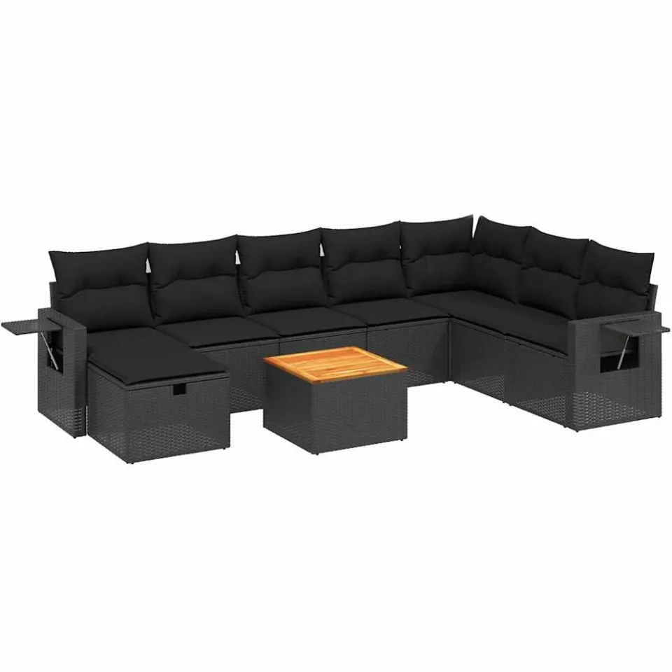 vidaXL 9-delige Loungeset met kussens poly rattan zwart, foto 3