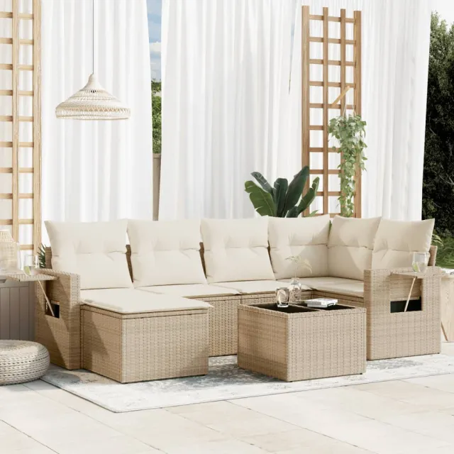 vidaXL 7-delige Loungeset met kussens poly rattan beige, foto 2
