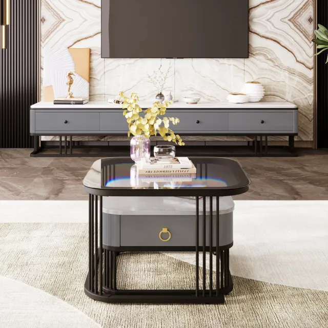 Wishdor Stapelbare bijzettafels set – modulair 2-delige tafels met marmerlook blad, glasplaat, zwart metalen frame en lade