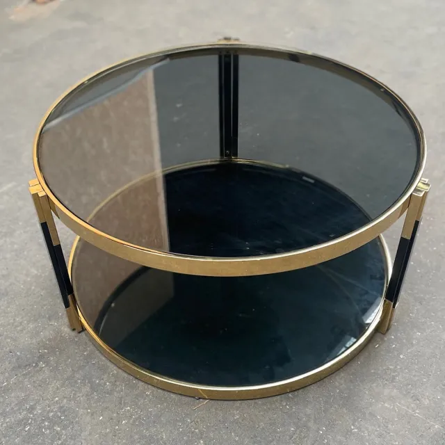 Mbc-Living salontafel rond - smoke glas - zwart met goud - 100cm doorsnede zwart, goud en smoke glas