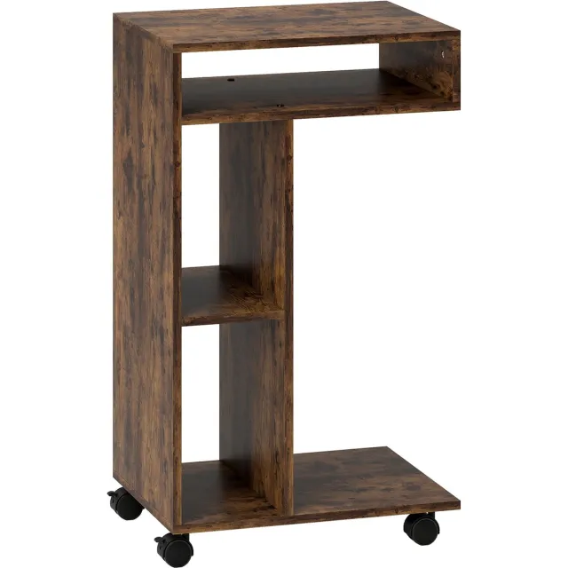 Homona C-vormige bijzettafel - Met 3 opbergvakken en extra legplank - Met wielen en remmen - 40 x 30 x 69 cm - Rustiek bruin