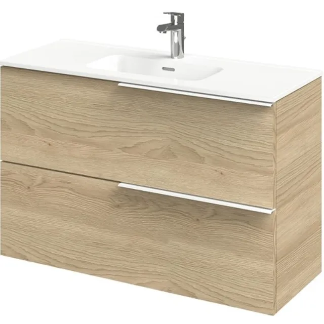 Tiger Pocket Meubelset 100 cm met 2 lades Naturel eik incl Calpe wastafel Hoogglans wit - 800306 Eiken