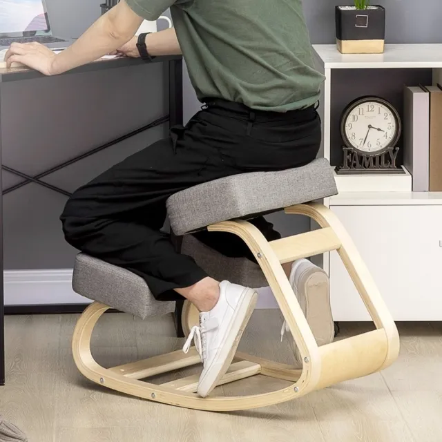 MEUNIQ ergonomische kniestoel 51 x 69 x 58 cm met verstelbare zithoogte 51-58 cm, houten frame, grijze polstering, zonder armleuningen, bureaukruk voor kantoor Grijs