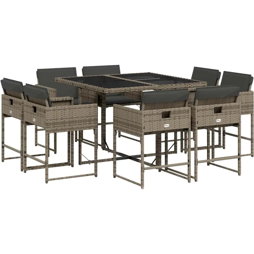vidaXL 9-delige Tuinset met kussens poly rattan grijs