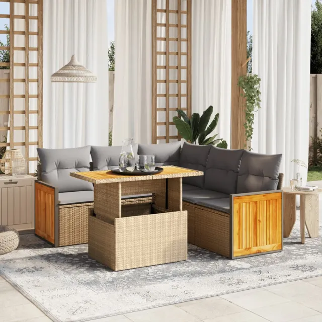 vidaXL 6-delige Loungeset met kussens poly rattan beige