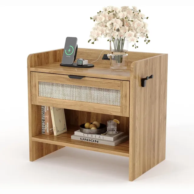 Triumpunpre Boheemse rotan nachtkastje met lade en open nis, praktische opberg tafel voor slaapkamer en kantoor, Walnoothout