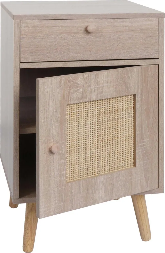 MCW Bijzettafel MCW-M36, salontafel nachtkastje loungetafel, opbergvakken lade, Kubu rotan hout melamine, eiken-look bruin