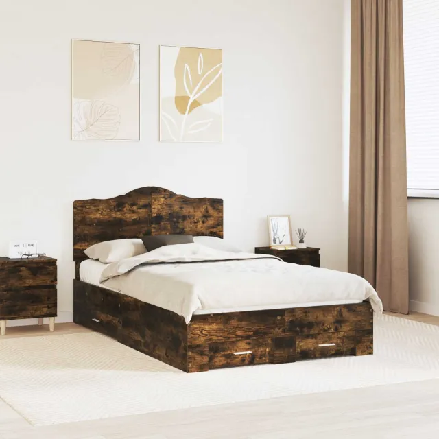 vidaXL Bedframe Gerookt eiken 135 x 190 cm Bewerkt hout Bruin