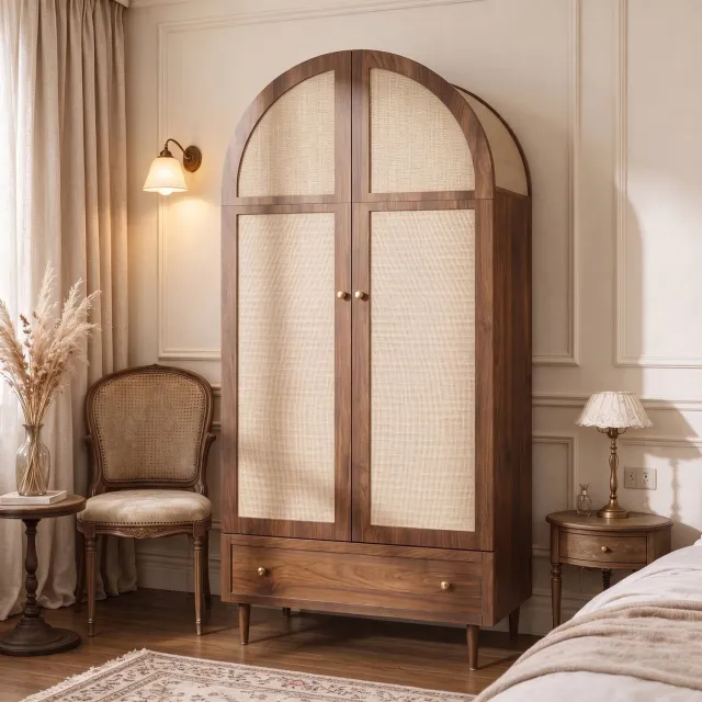 Vovtenza Kleiderschrank mit Schubladen - Holztüren mit Leinenstoff-Bezug - großer Stauraum - Garderobenschrank für Schlafzimmer - moderne Aufbewahrungslösung Hout