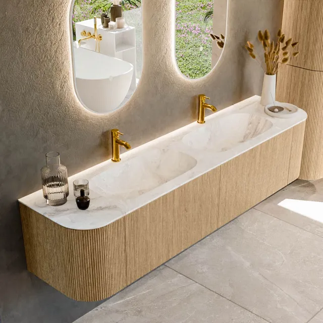 Mondiaz KURVE-DLUX 190 cm Onderkast Greeploos 2 Lades Met Deuren Oak, Wastafel Solid Surface Dubbel Frappe 2 Kraangaten Zonder Spiegel (KRVSTS190L+R2L2D2KD-Oak/Fra)
