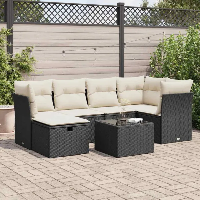 vidaXL 7-delige Loungeset met kussens poly rattan zwart, foto 2
