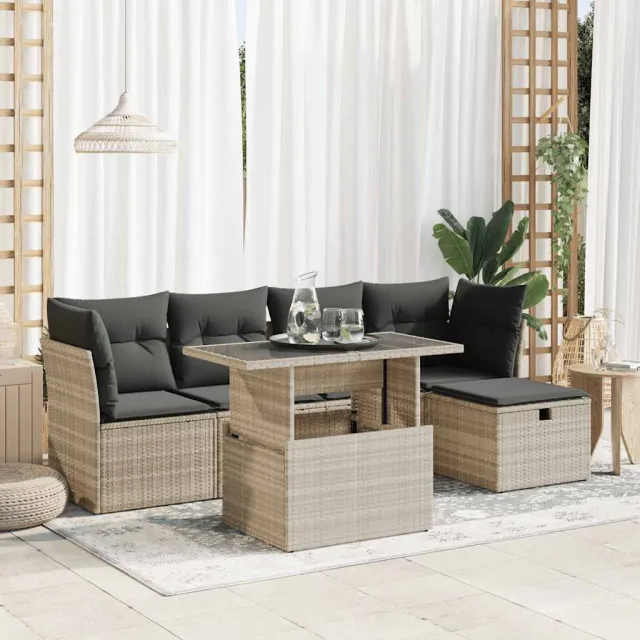 vidaXL 6-delige Loungeset met kussens poly rattan lichtgrijs grijs, foto 2