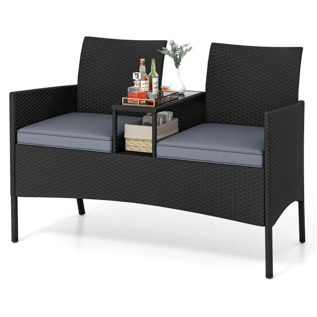 Costway Tuinbank met tafel, 2-zits polyrotan zitbank, zitgroep, tuinmeubelen, terrasmeubels, weerbestendige balkonmeubels voor terras, tuin, balkon (grijs)
