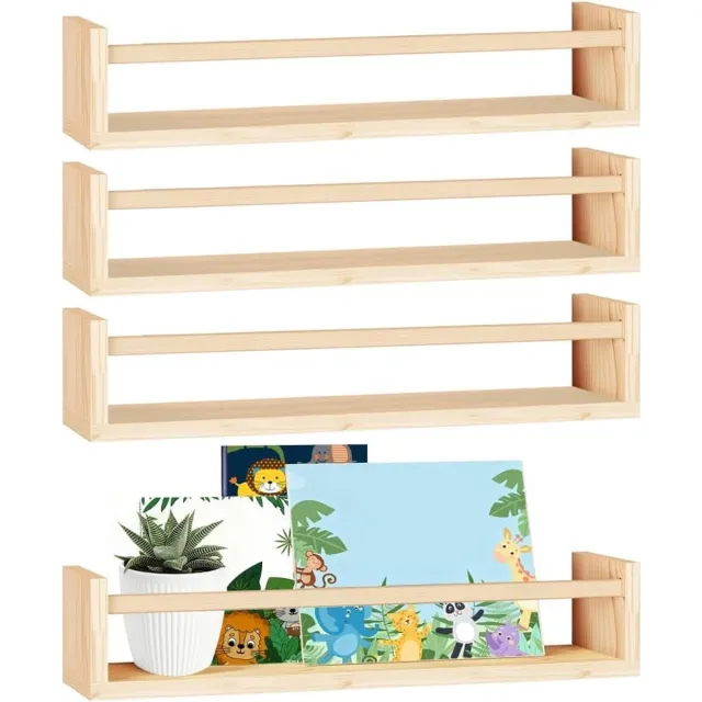 Vellaro Kinderboekenkast - Naturel Hout - 41 x 10 x 9,5 cm - Massief Grenenhouten Zwevende Boekenplanken - Voor Kinderkamer