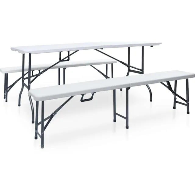 vidaXL Tuintafel met 2 bankjes inklapbaar 180 cm staal en HDPE wit, foto 2