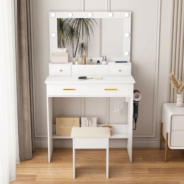 DantefHandels Kaptafel met ledverlichting met drie lichtstanden, stopcontact & föhnhouder – 4 lades + opbergmand – incl. gestoffeerde kruk- wit, B80/H137/T40 cm.