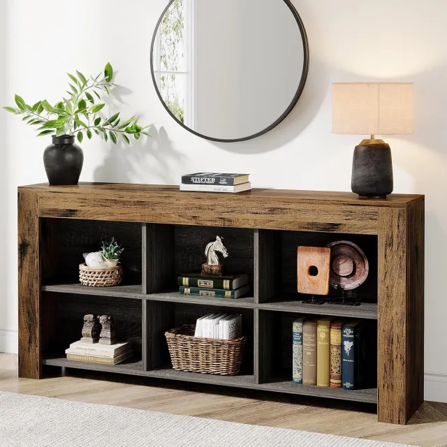 Tribesigns Consoletafel met 6 Opbergkubussen - Sidetable - Console - Haltafel - Hout - Bruin - Industrieel - 160 x 30 x 80 cm