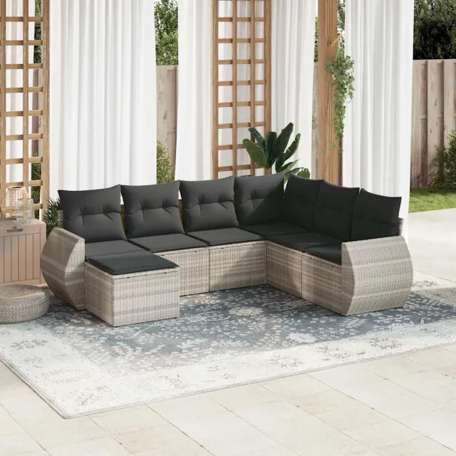 vidaXL 7-delige Loungeset met kussens poly rattan lichtgrijs grijs, foto 2