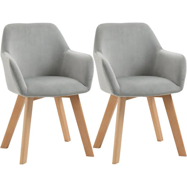 Lunpog Set van 2 eetkamerstoelen, grijs stof, met armleuningen, zitting en rugleuning bekleed zacht, poten van hout, grijs, comfortabel, voor eetkamer en woonkamer Gris