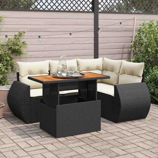 vidaXL 5-delige Loungeset met kussens poly rattan zwart, foto 2