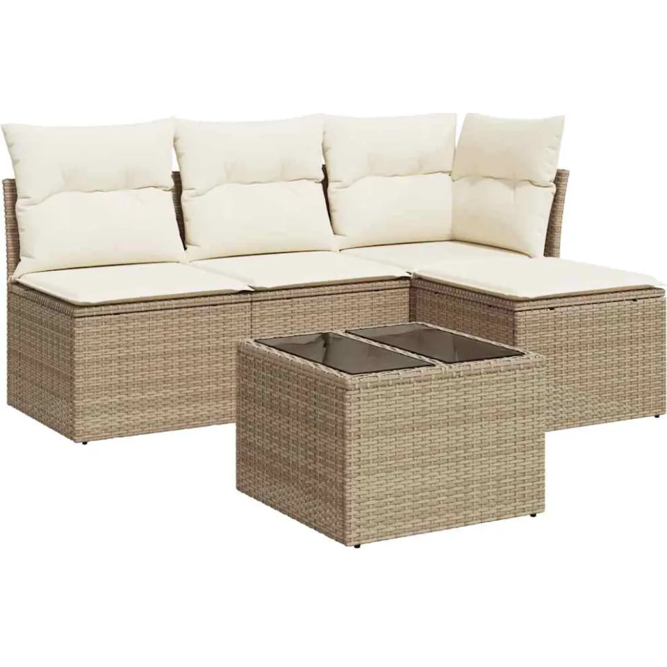 vidaXL 5-delige Loungeset met kussens poly rattan beige, foto 3