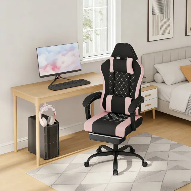 MEUNIQ Gamingstoel en ergonomische bureaustoel met massage-lendenkussen, verstelbare hoofdsteun, kantelbare rugleuning 90–145°, voetensteun en wielen, zwart/roze
