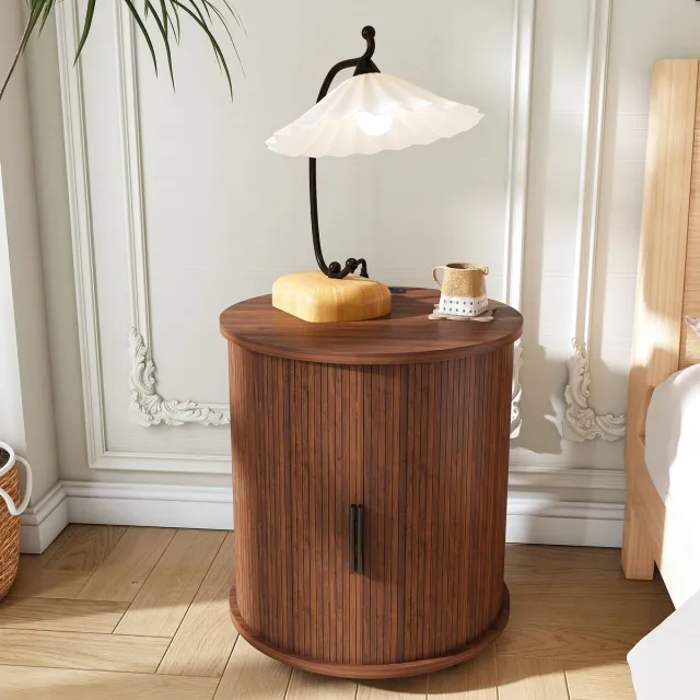 FloraGrace Bedtafel Rond Met Laadstation En Schuifdeur Voor Slaapkamer En Woonkamer Walnoot MDF 60 X 60 X 60 Cm Walnut