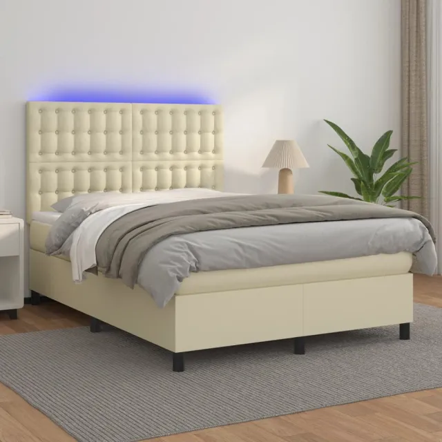 vidaXL Boxspring met matras en LED kunstleer crèmekleurig 140x190 cm