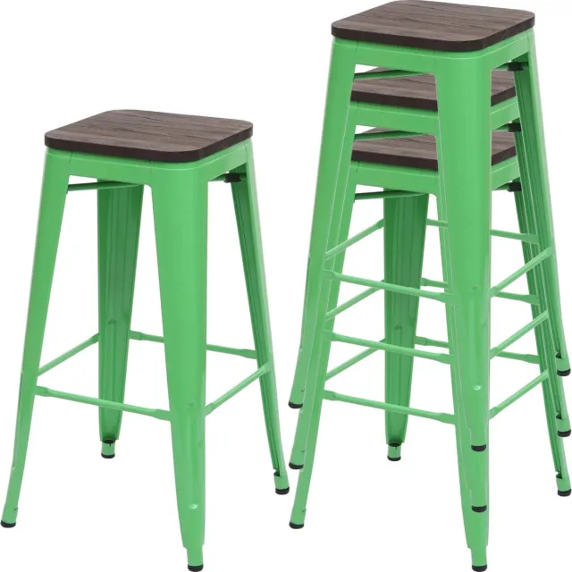 MCW Set van 4 barkrukken MCW-A73 incl. houten zitting, barkruk tegenkruk, metaal industrieel ontwerp stapelbaar ~ groen