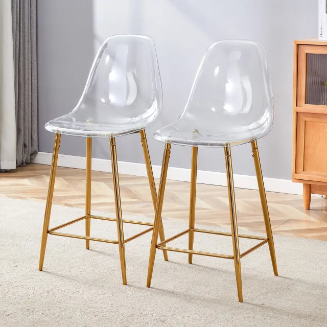 MUVANO Transparante barkrukken set van 2 - Barstoelen met voetensteun - Kunststof zitting en metalen frame - Voor kookeiland en thuisbar - Goud