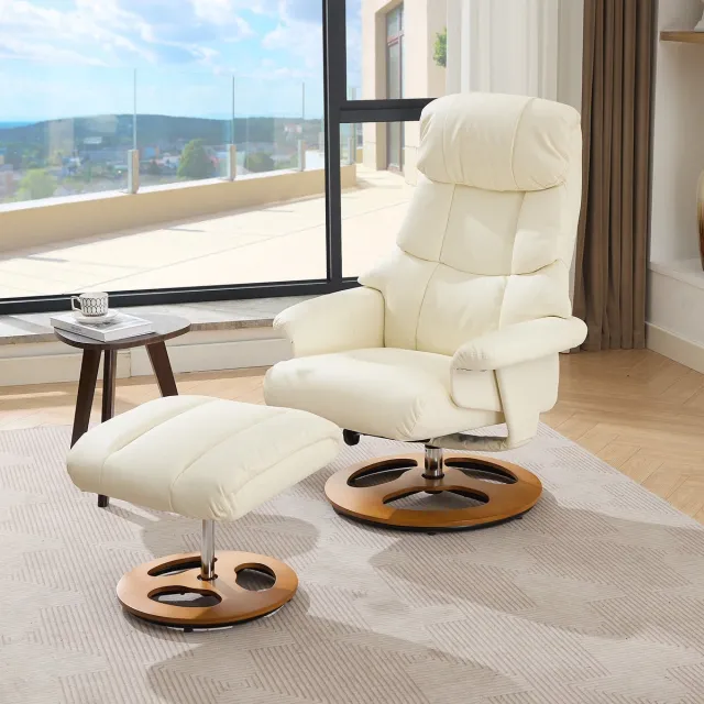 Zubaliya Luxe Relaxfauteuil met Massage en Verwarming - Verstelbaar met Voetenbank - 360° Draaibaar - Wit Kunstleer lichtgeel