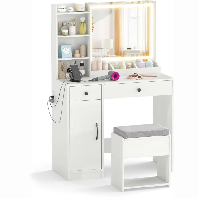 Costway Make-uptafel met led-spiegel, kaptafelset met kruk, stopcontacten, kast, 2 laden, 3 planken en 3 open vakken, make-uptafel voor slaapkamer, 90 x 40 x 135 cm, wit