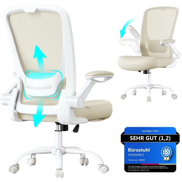 PRIMO HOME Prime Home Bureaustoel - Bureaustoel voor volwassenen - Bureaustoel gaming - Bureaustoel met armleuning - Ergonomische computerstoel - Computerstoel - Opklapbare armleuningen - Mesh hoes - Draagvermogen 120kg - Beige