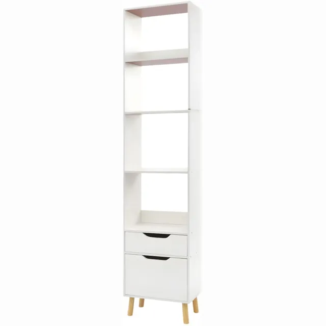 Happiq Staande boekenkast – Voor boekenopslag – 2 opberglades, smal ontwerp – Lichtbruin hout (180 cm hoog) White