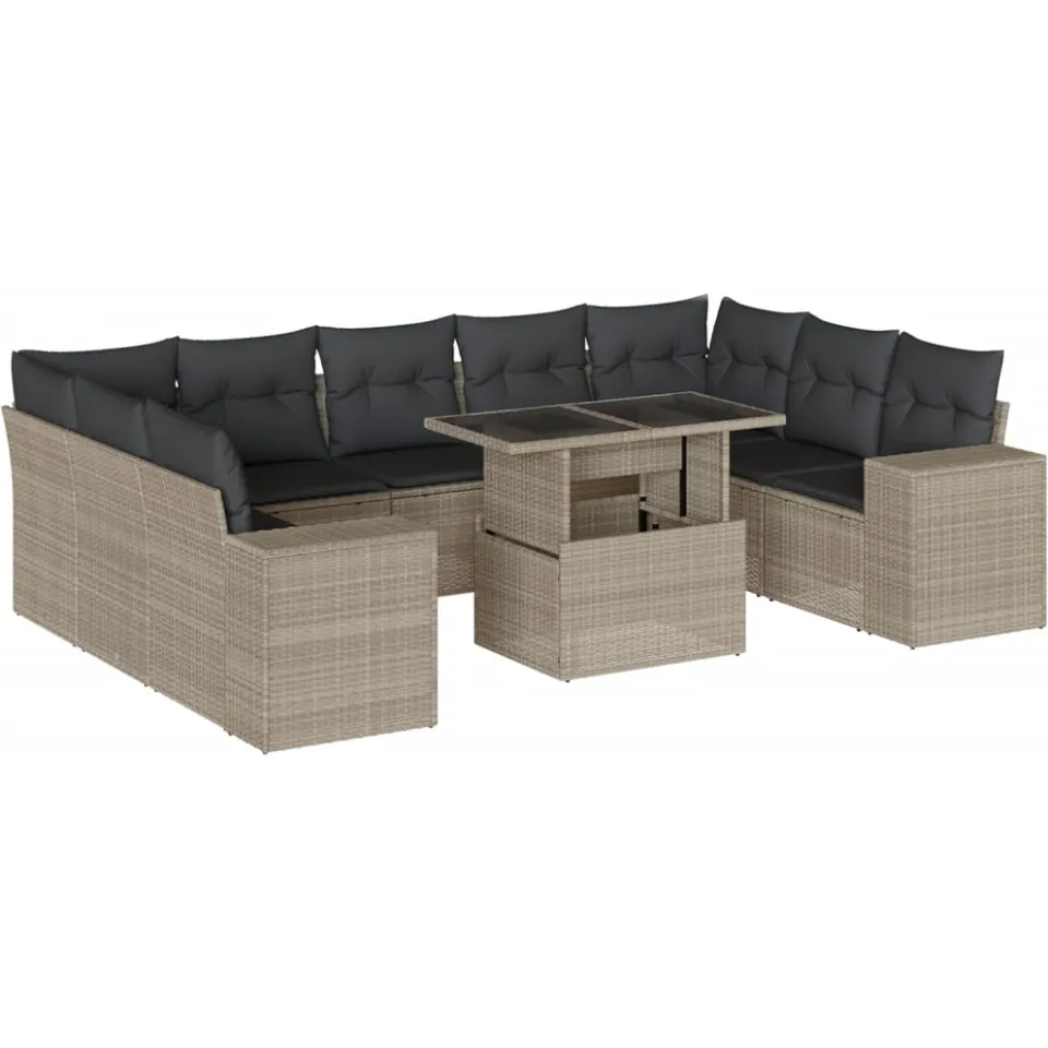 vidaXL 10-delige Loungeset met kussens poly rattan lichtgrijs grijs, foto 3