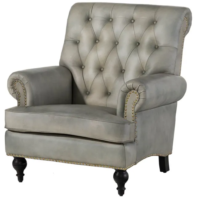 MASSIVMOEBEL24 .DE zetel CHESTERFIELD #205 grijs echt leer 84 x 94 x 84 cm