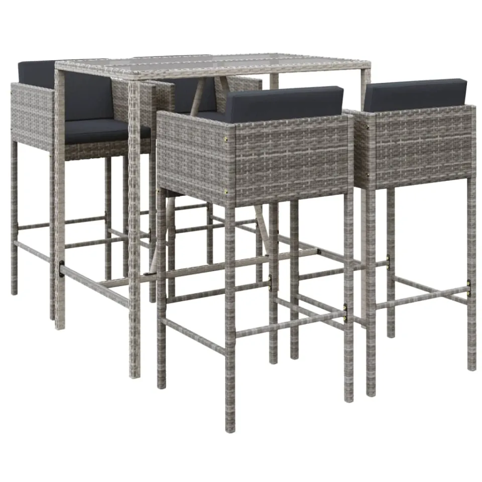 vidaXL 5-delige Tuinbarset met kussens poly rattan grijs, foto 3