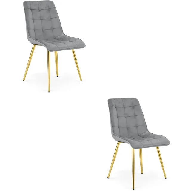 Oskar Set van 2 Eetkamerstoelen SPLIT – Lichtgrijs Velvet / Fluweel – Gestoffeerde Zitting – Goudkleurige Metalen Poten – Modern Design – Voor Eetkamer en Keuken
