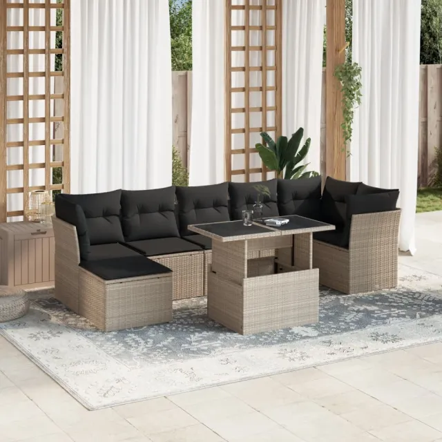 vidaXL 8-delige Loungeset met kussens poly rattan lichtgrijs grijs, foto 2