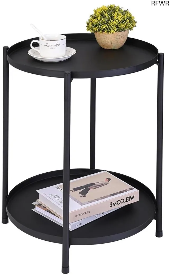 RFWR Ronde metalen bijzettafel met 2 lagen - veelzijdige en duurzame tafel voor binnen en buiten Zwart