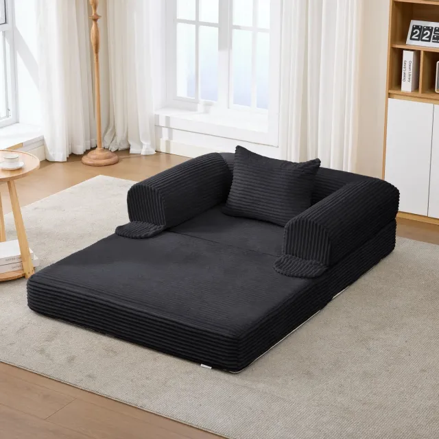 Zubaliya Klappsofa-Bett 120x85x65 cm - Geribd Fluweel Cord Einzel-slaapbank Met Extra Kussen, Zwart