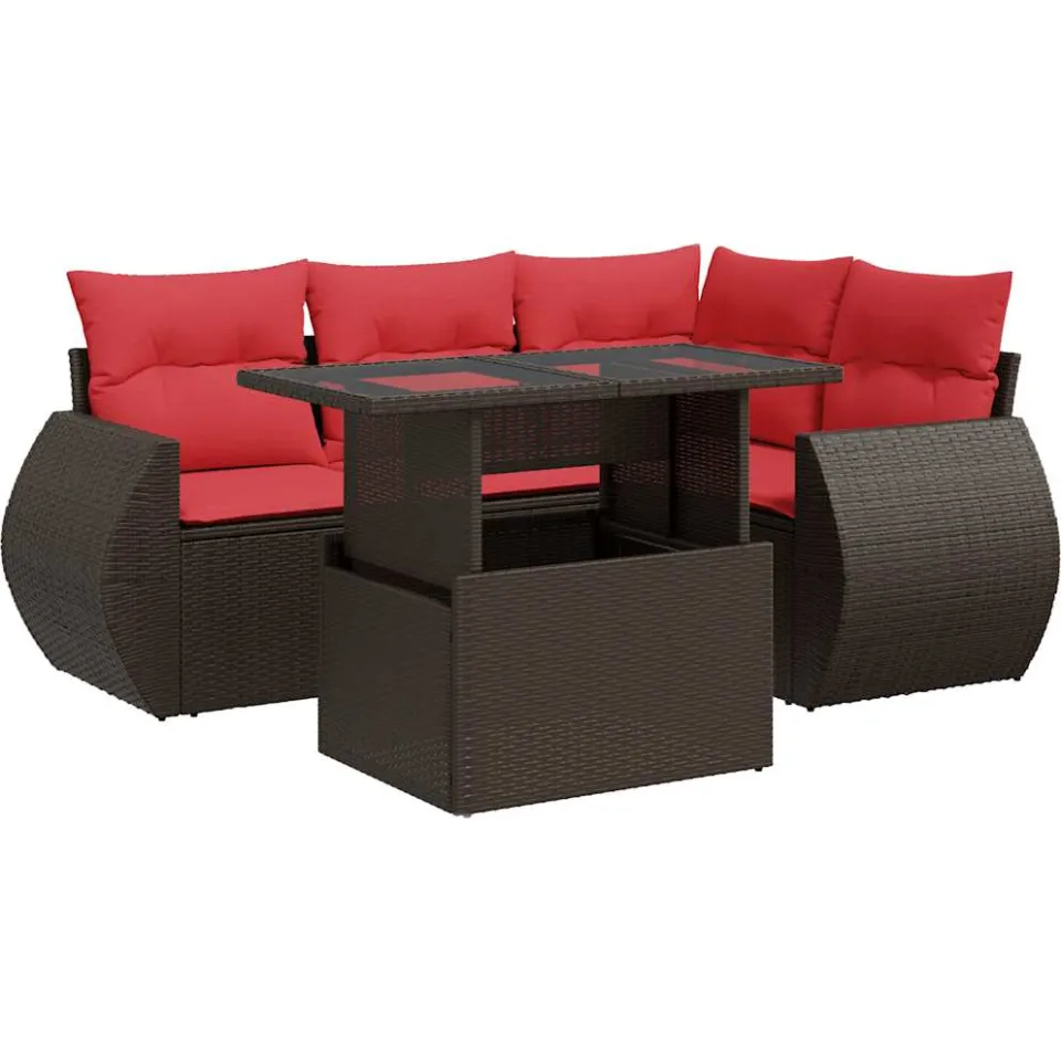 vidaXL 5-delige Loungeset met kussens poly rattan acacia bruin, foto 3
