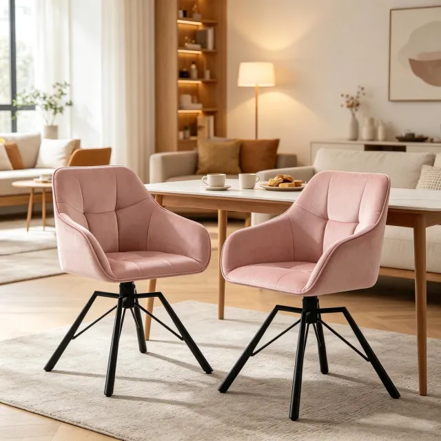 REDOM Eetkamerstoelen - Draaibare Zitting en Armleuningen - Modern - Metaal en Fluweel - Roze - 58,5 x 54,5 x 82,5 cm