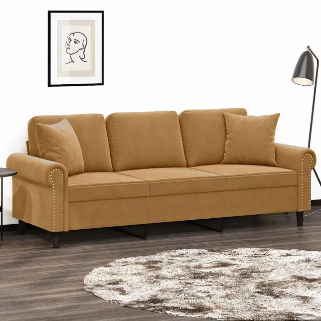 vidaXL Driezitsbank met sierkussens 180 cm fluweel bruin