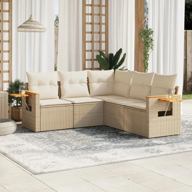 vidaXL 5-delige Loungeset met kussens poly rattan beige, foto 2