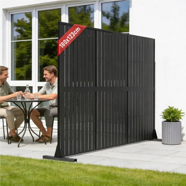 Froadp 3-delige kamerscherm, metalen scheidingswand, zwart, 180×123×40 cm, vrijstaande scheidingswand en privacybescherming voor binnen en buiten, stevige scheidingswand voor woonkamer, kantoor, balkon, terras en tuin zwart(model met lamellen)